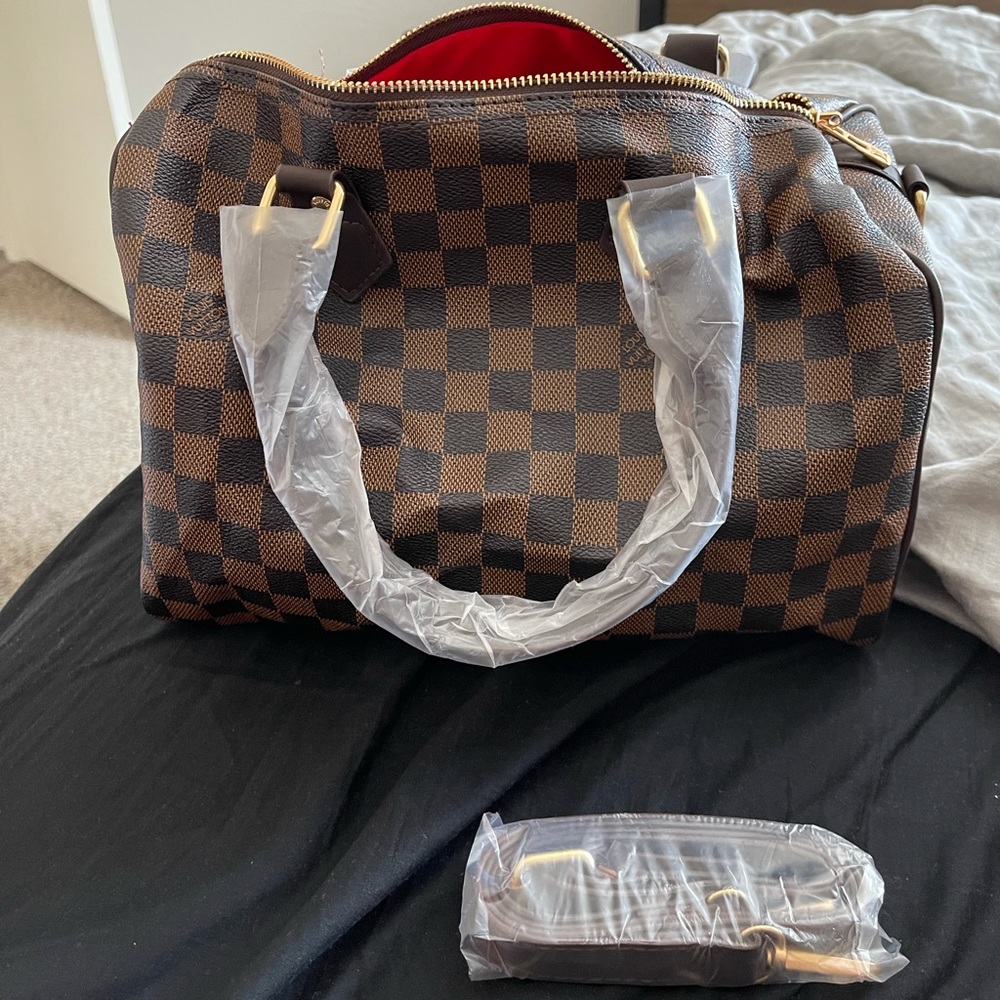 Brown Checkered Leather Crossbody Bag with Red Interior